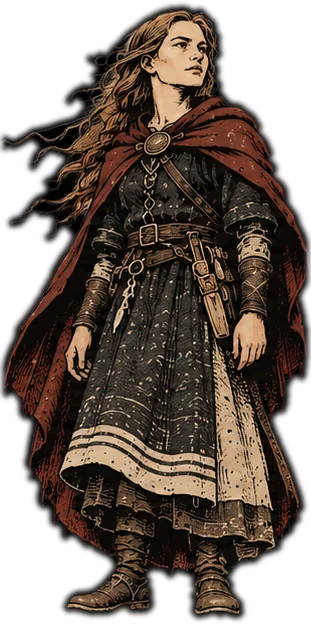Ásta, a young woman with long windswept hair and a red cloak