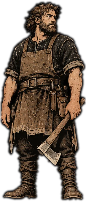 Einar, a bearded carpenter in a leather apron, an axe in his hand