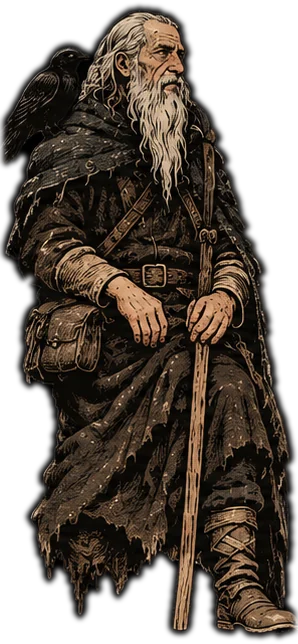 Gamli, a white-bearded old man with a stick and a raven on his shoulder
