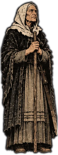 Rúna, an old woman in a pale headscarf holding a tall staff
