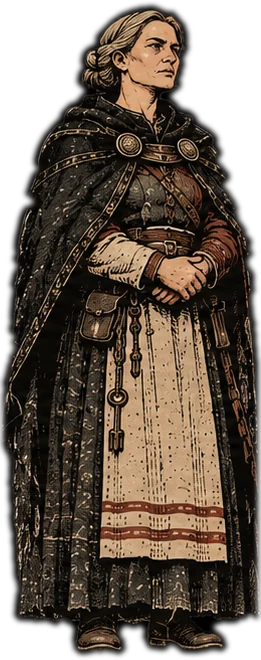 Sigríður, a stern woman in a dark cloak and pale apron, keys at her belt