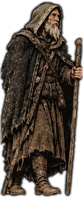 Skapti, a hooded, grey-bearded traveller leaning on a walking staff