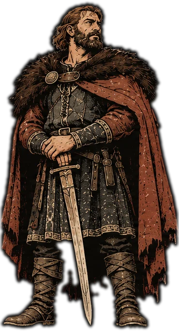 Snorri, a broad chieftain in a fur-collared red cloak, hands on a sword hilt