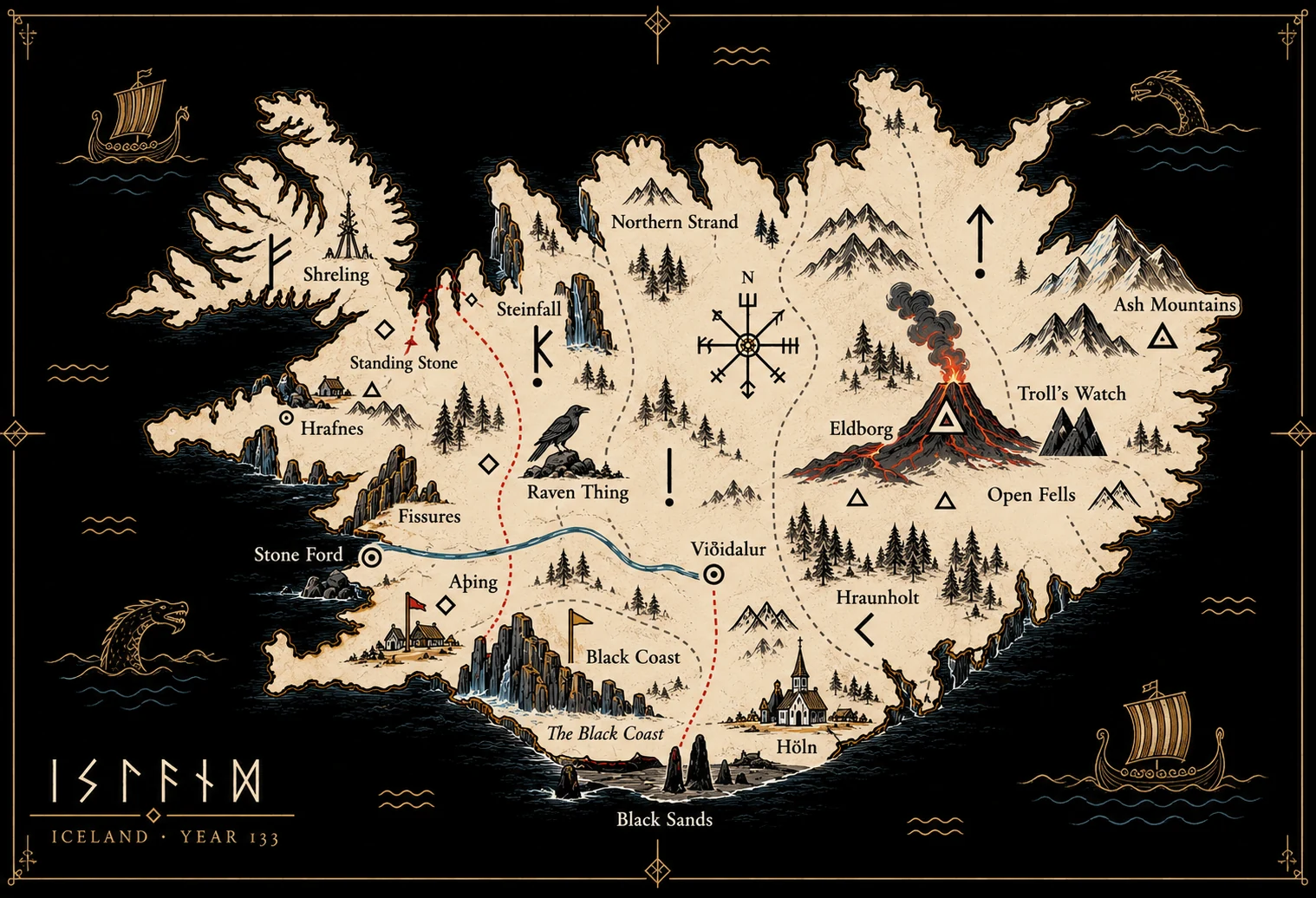 Illustrated map of Iceland in the year 133 after the Landing, marking Hrafnes, the Raven Thing, Viðidalur, the volcano Eldborg, the Troll's Watch and the other places of the story