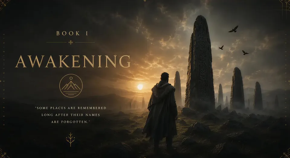 A cloaked traveller stands before rune-carved standing stones at sunset, beneath the title Awakening, Book I